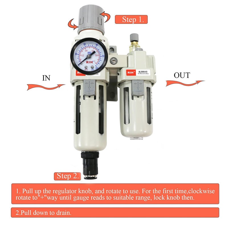 RIH Store Pneumatics Compressed Air Filter Regulator Lubricator Combo Water/Oil Trap Separator - Gauge(0-150 psi), Semi-Auto Drain, Poly Bowl,Bracket - 3 in 1 Two Unit (3/8“ NPT Auto Drain) - Image 5